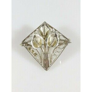 Vintage Diamond Shaped Sterling Silver Pierced Filigree Calla Lily Brooch